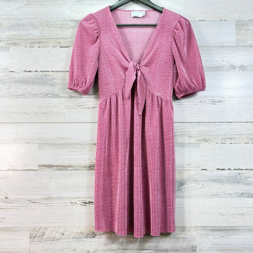 ASOS DESIGN Tall Pink Plisse‎ Micro Dot Tie Front Puff Sleeve Mini Dress US 2